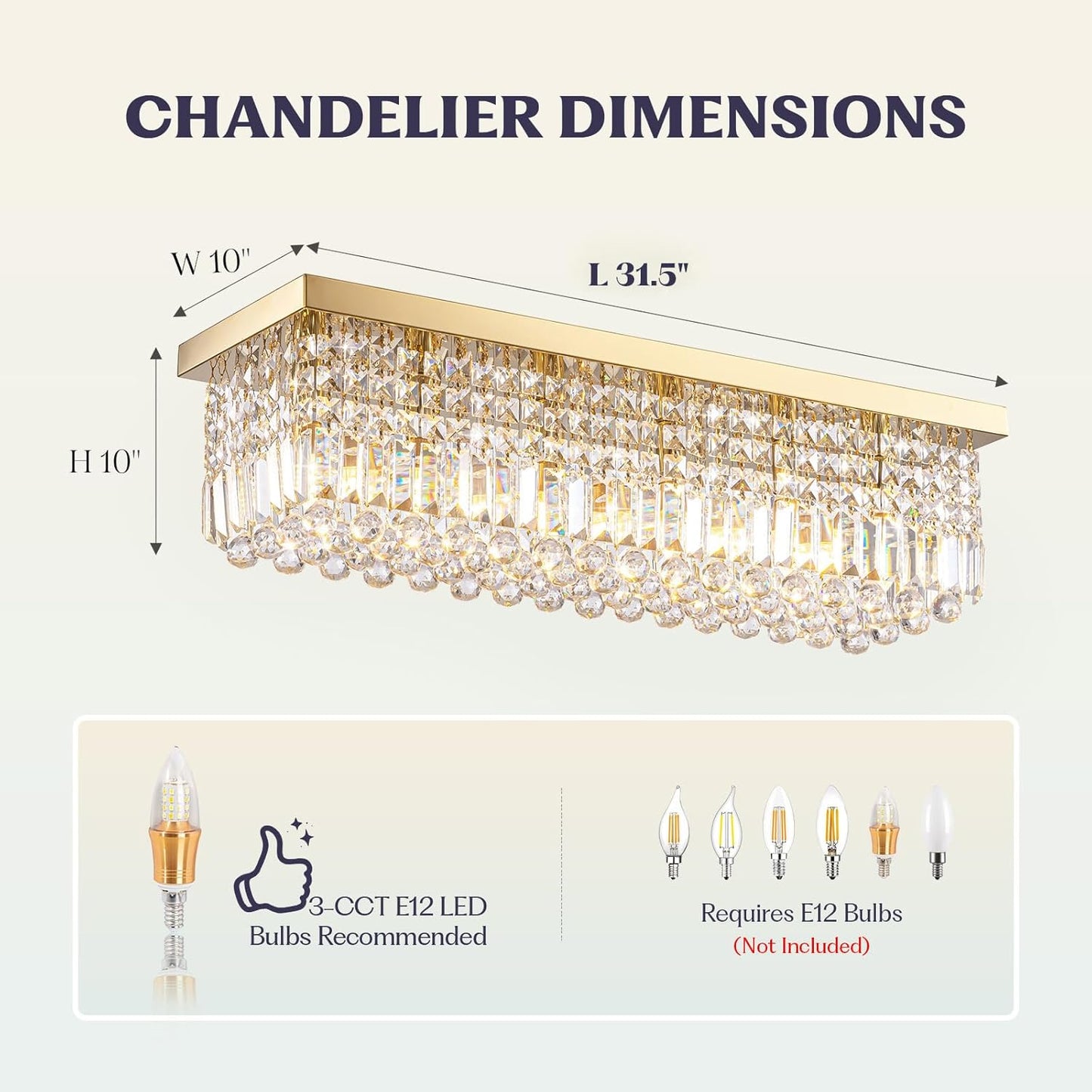 Modern Crystal Chandelier, 6 Lights Luxury Gold Rectangular Flush Mount Ceiling Light, Dining Room Light Fixture, Rectangle K9 Crystal Raindrop Chandelier for Living Room Bedroom L31.5 Inch
