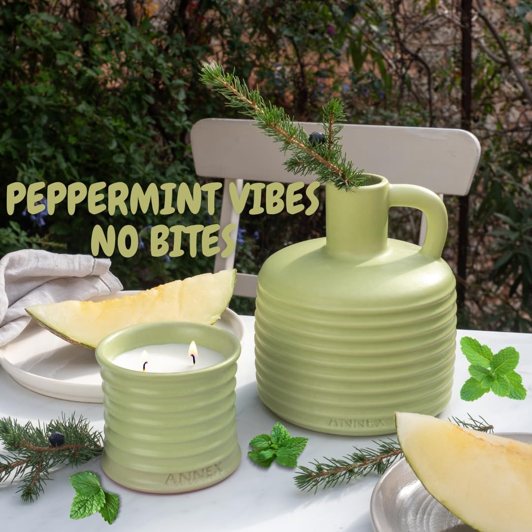 Scented Luxury Candles Outdoor Mosquito Bug Repellent Ceramic Jars, Soy Wax | The Green Life, Large Natural Candle - Green Melon & Peppermint | Non Toxic, 2 Wicks, Reusable Jar