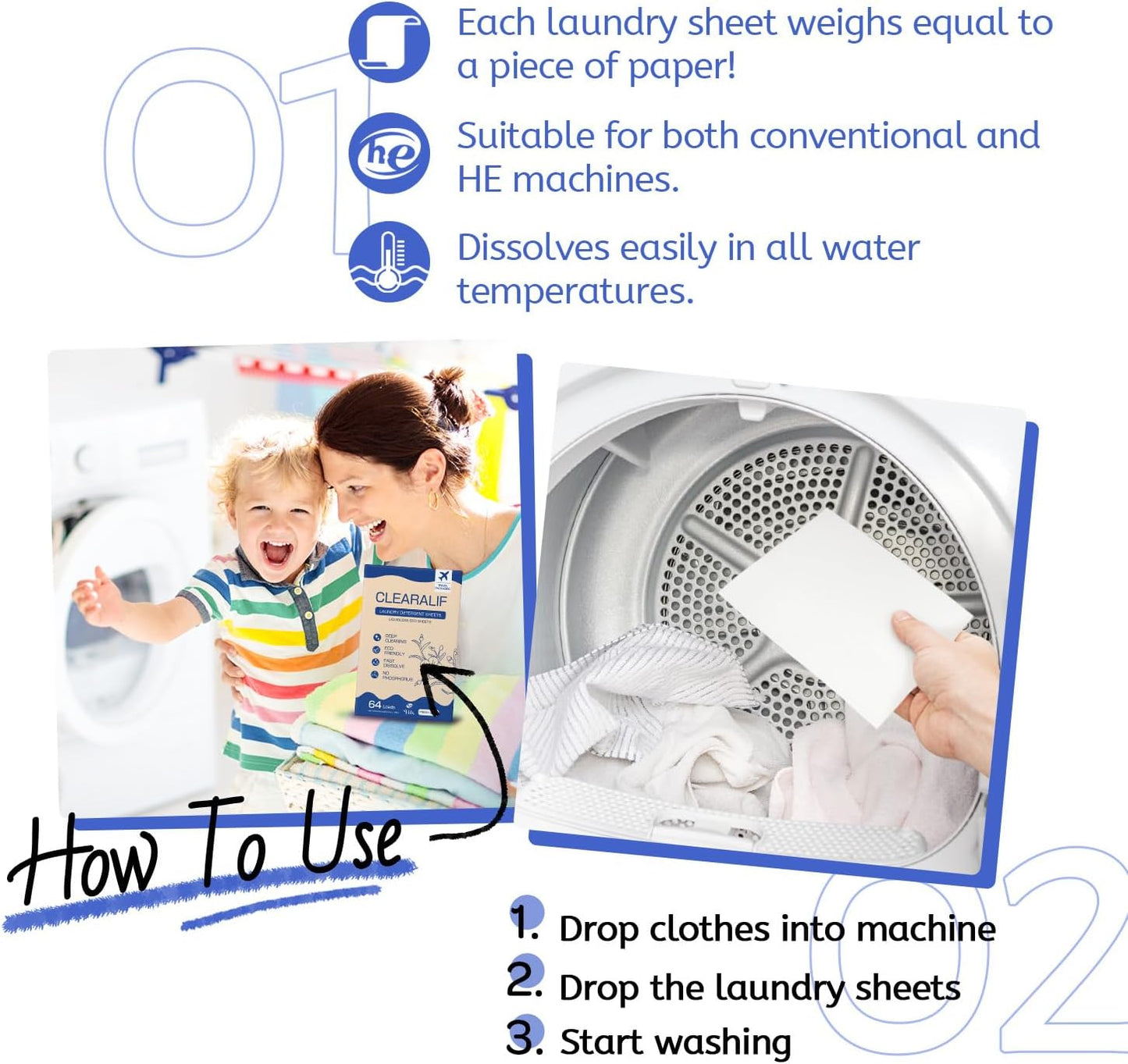 CLEARALIF Laundry Detergent Sheets, Fresh Linen, 64 Load, CLEARALIF Laundry Detergent Strips Eco Friendly & Hypoallergenic