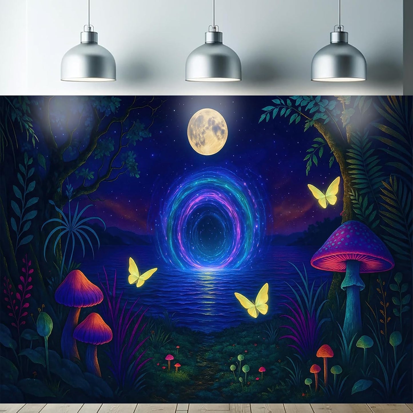 Starlit Patio Glowing Mushrooms Blacklight Tapestry UV Reactive Wall Hanging Psychedelic Portal Butterflies Moonlit Lake for Bedroom Dorm Living Room Fantasy Nature Decor Fluorescent Trippy Poster 78 x 59 Inch