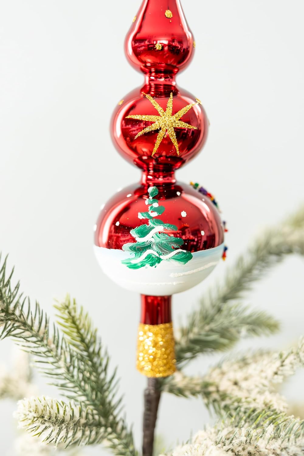 Christmas Tree Topper Spitz Glass Mouth Blown Hand-Decorated Embellishments (Burgundy, 15 inch)