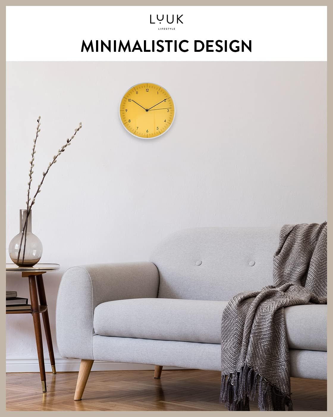 LUUK LIFESTYLE 10” Quartz Wall Clock with Silent Movement, Timeless Scandinavian Design, Kitchen Wall Clock, Decoration for Children's Room, Yellow and Silver