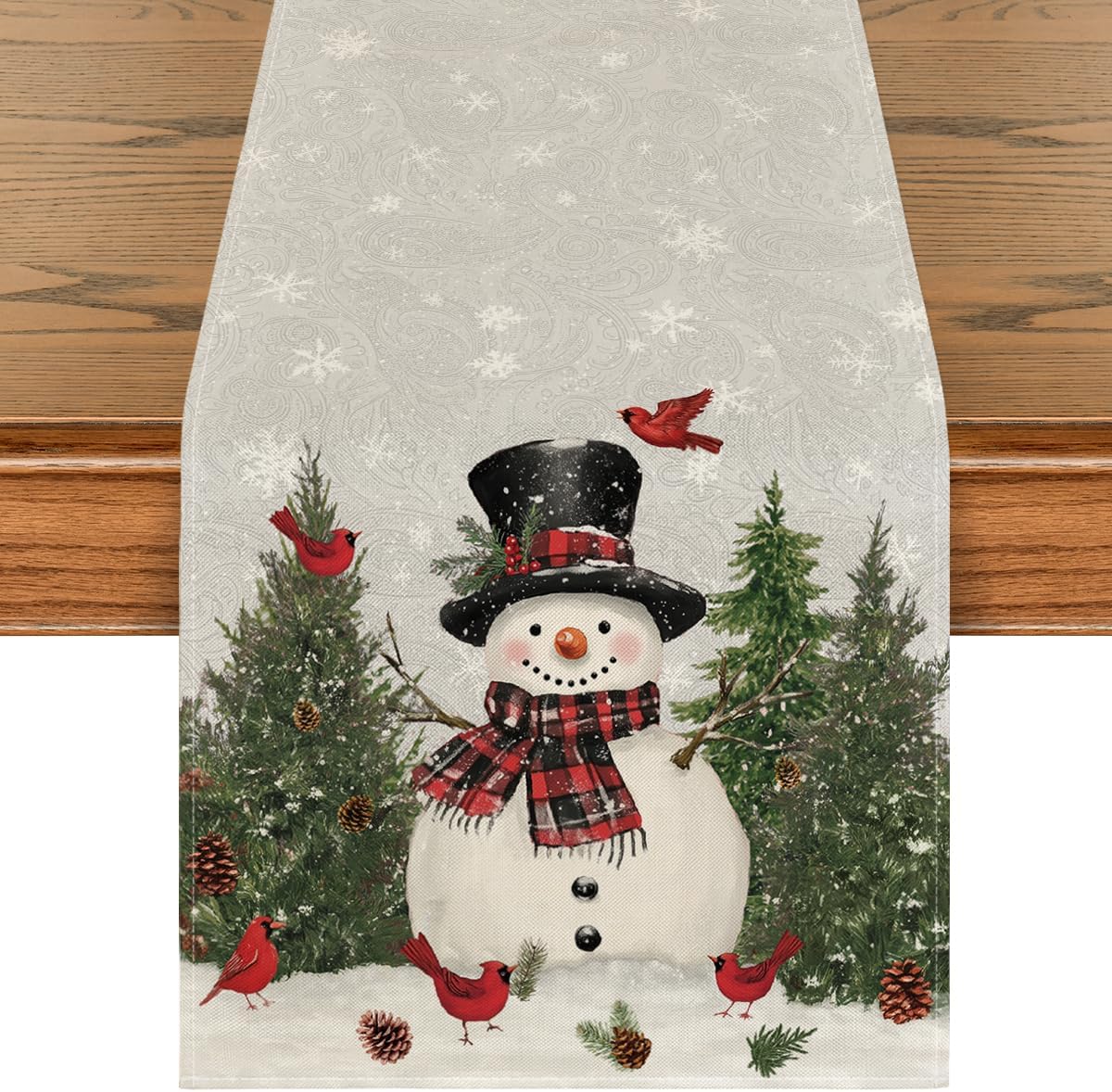Artoid Mode Snowman Birds Trees Christmas Table Runner, Seasonal Silver Winter Holiday Kitchen Dining Table Decoration for Home Party Decor 13 x 120 Inch