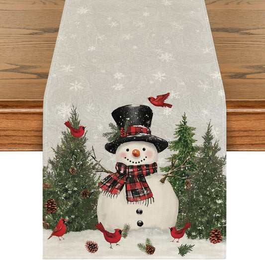 Artoid Mode Snowman Birds Trees Christmas Table Runner, Seasonal Silver Winter Holiday Kitchen Dining Table Decoration for Home Party Decor 13 x 108 Inch
