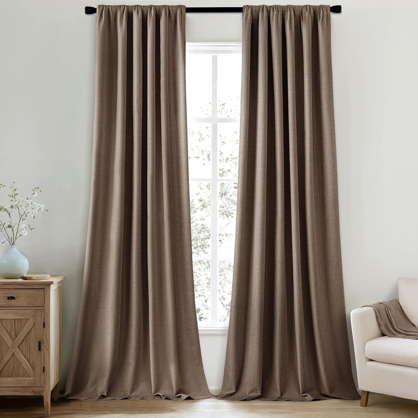 MIULEE 100% Blackout Curtains 90 Inch Long 2 Panels Set for Bedroom, Thick Faux Linen Black Out Curtain Room Darkening Back Tab Pleat Window Textured Drapes with Hooks for Living Room, Dutch Cocoa