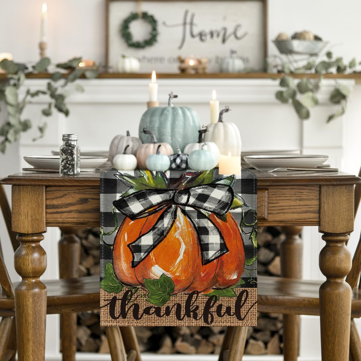 Artoid Mode Buffalo Plaid Bowknot Pumpkin Thankful Fall Table Runner, Autumn Thanksgiving Kitchen Dining Table Decoration for Home Party Decor 13x108 Inch
