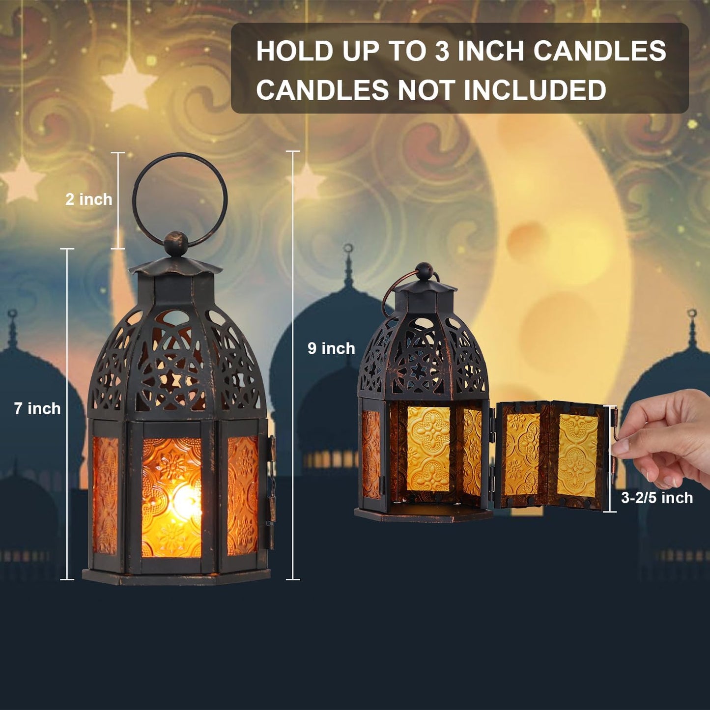 NEEDOMO Set of 4 Moroccan Candle Lantern, 9" Ramadan Lanterns Decorative Indoor Outdoor, Vintage Candle Holder for Chritsmas, Halloween, Table, Patio, Porch, Shelf, Ramadan Decorations (Amber)