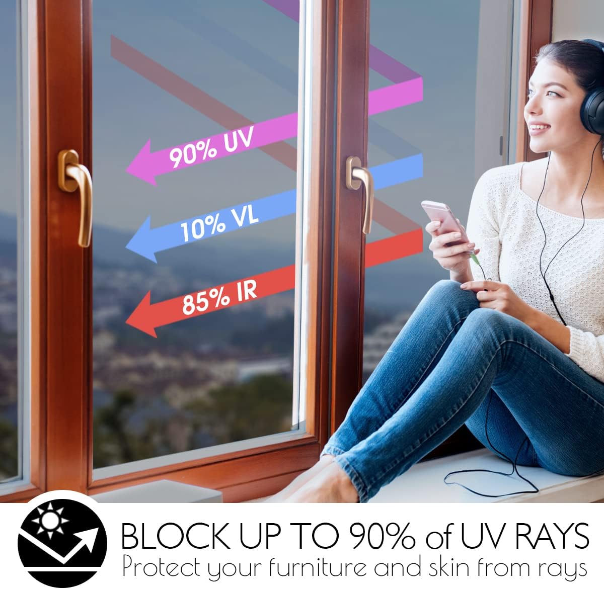 HIDBEA One Way Privacy Window Film, Daytime Mirror Reflective Heat Control UV Sun Blocking Non-Adhesive Static Cling Window Tint for Home and Office (Black-Silver, 23.6 Inch × 6.5 Feet)