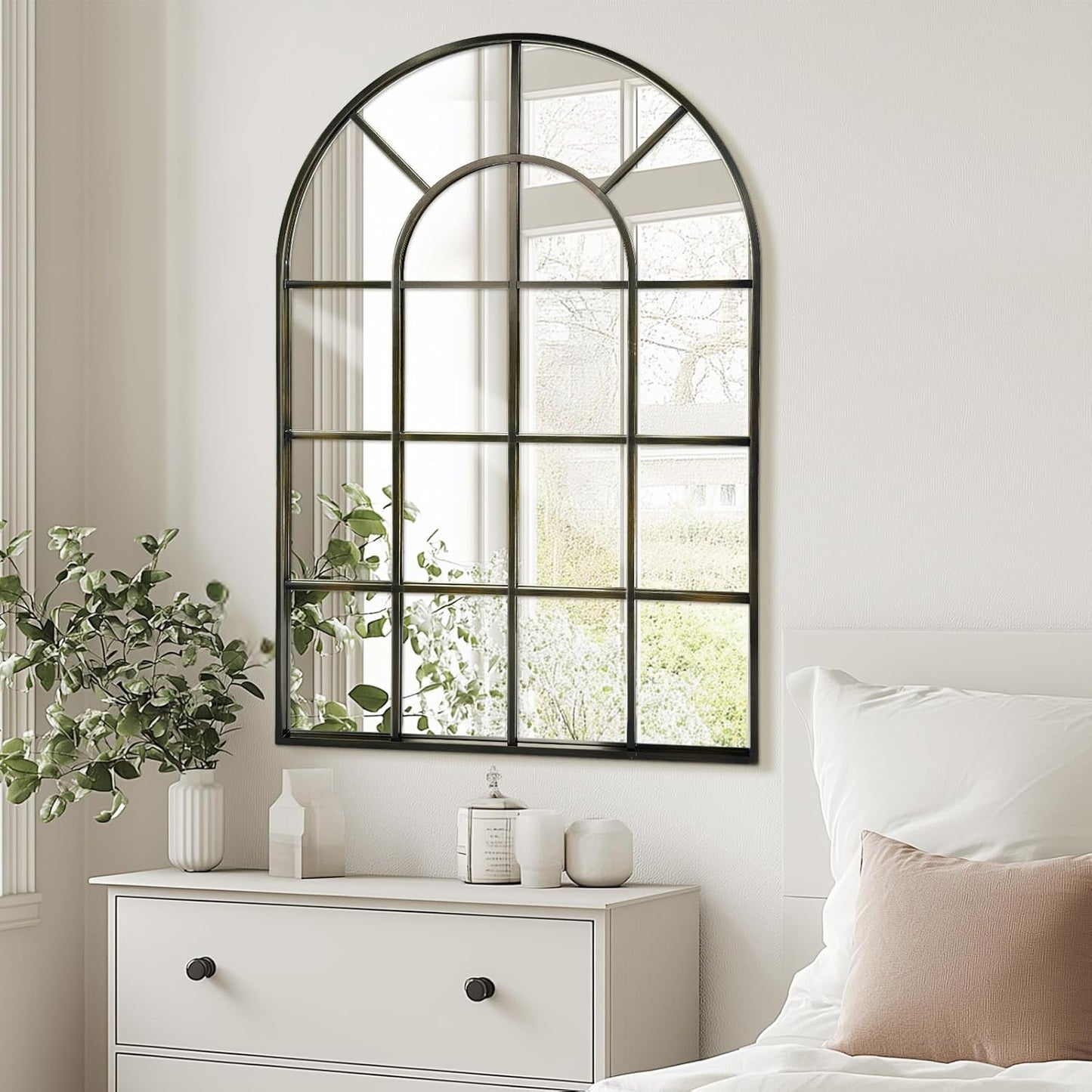 Arched Windowpane Wall Mirror 30"x48" Bronze Wall Mounted Art Pane Mirror Farmhouse Decorative Mirror Leaning Hanging Wall Mirror for Bedroom Living Room Entrance Hallway Wall Decor