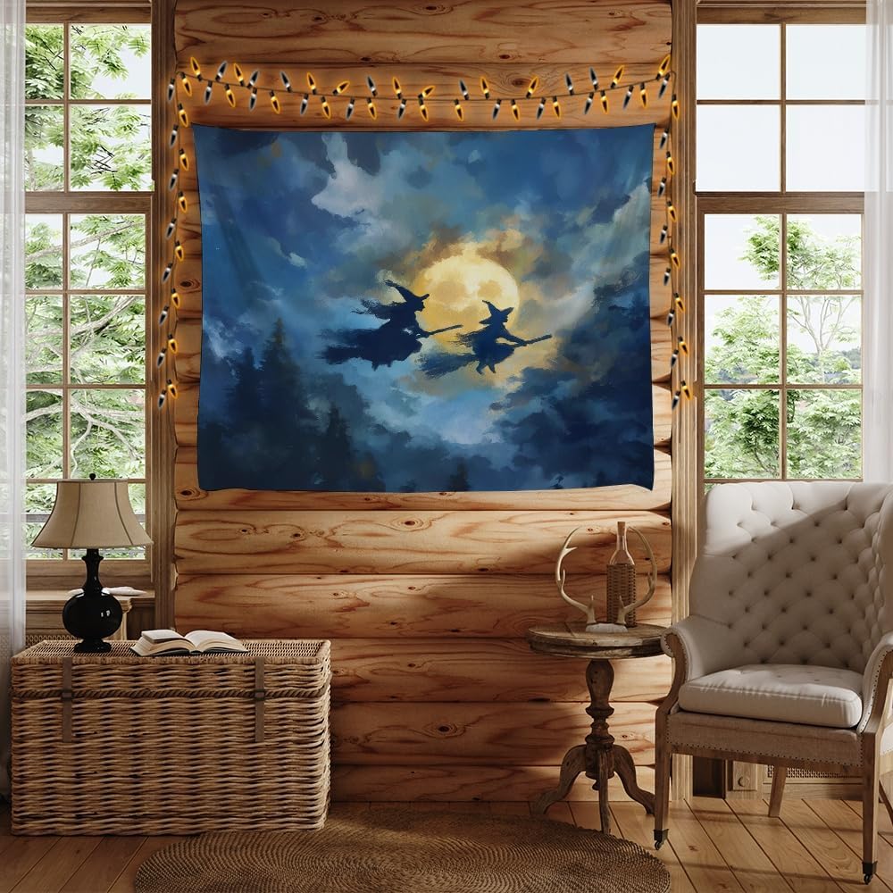 Spooky Halloween Witch Tapestry Wall Hanging Dark Fantasy Night Sky Aesthetic Print Flying Witches Under Full Moon Tapestries Horror Ghost Halloween Party Decor for Living Room Bedroom 70x90inch