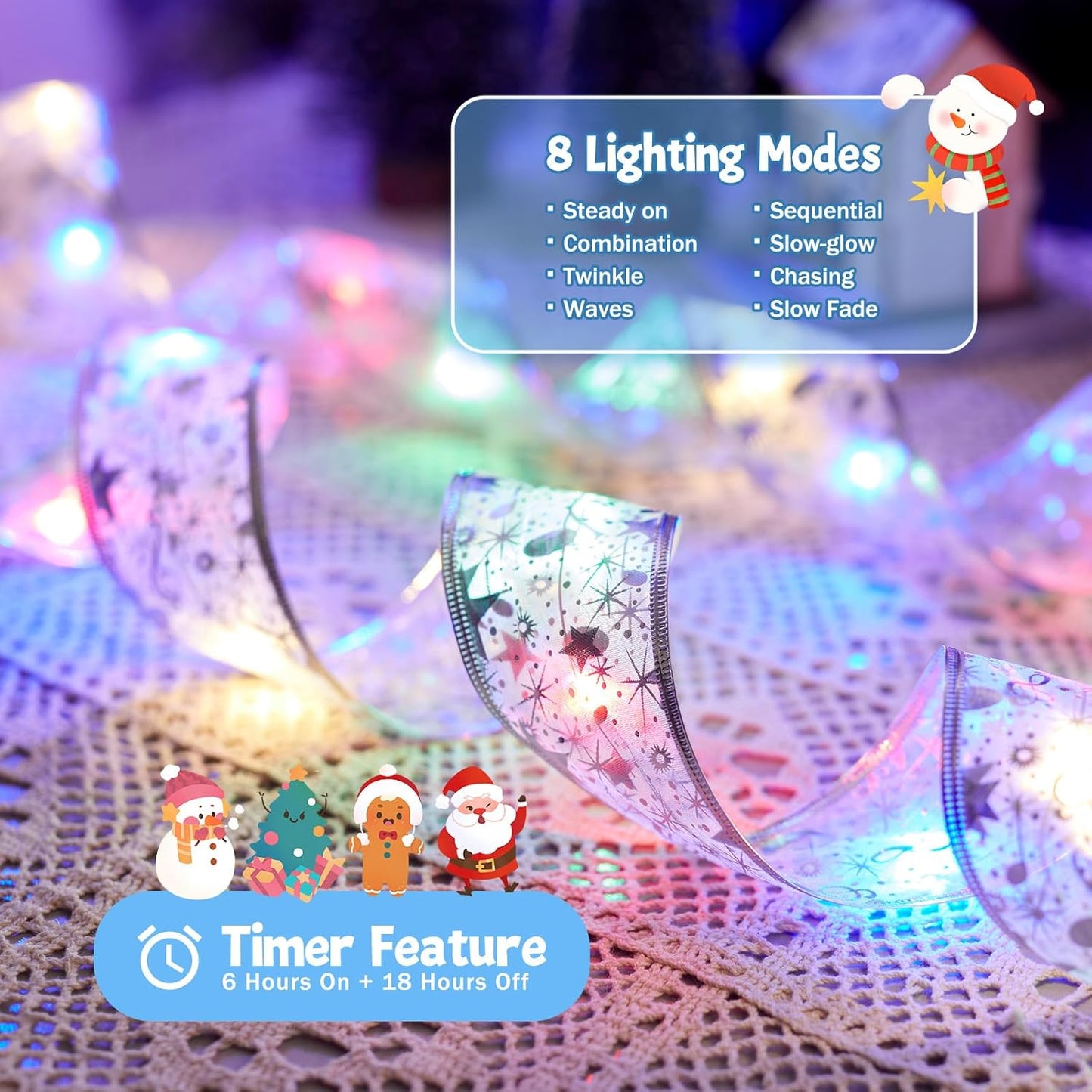 2 Pack Christmas Tree Ribbon String Lights - 33ft 100 LED Battery Powered Fairy Lights with Timer and 8 Lighting Modes, Ribbon Bows Light for 6ft - 8ft Christmas Tree Decor, Silver Ribbon, Multi-color