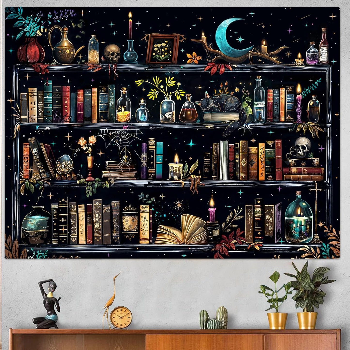 Accnicc Magic Bookshelf Tapestry Magical Witchy Potion Dark Hippie Haloween Tapestries Wall Hanging Gothic Skull Black Cat Library Book Tapestry for Bedroom Living Room Dorm 80 x 60 inch
