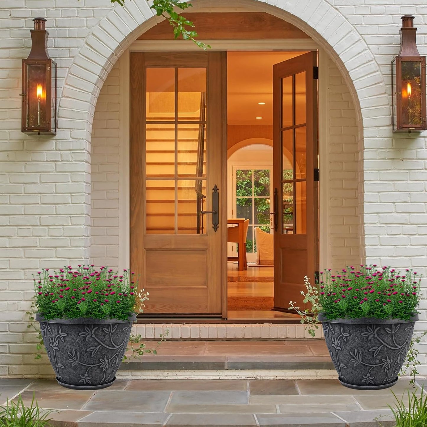 4 Pack 16 Inch Large Plant Pot for Outdoor, Plastic Flower Pot Indoor with Drainage Hole & Saucer, Modern Decorative Garden Pot, Imitation Magnolia Garden Pots for House Planters（Gray）