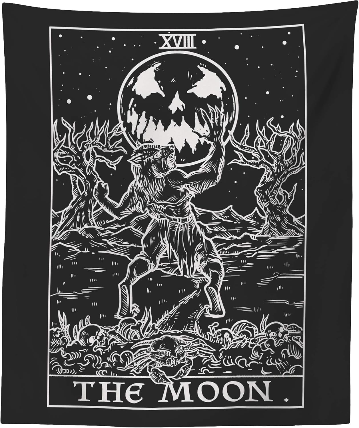 The Moon Tarot Card Tapestry (Black & White) - Werewolf - Gothic Halloween Home Decor Wall Hanging (60" x 50")