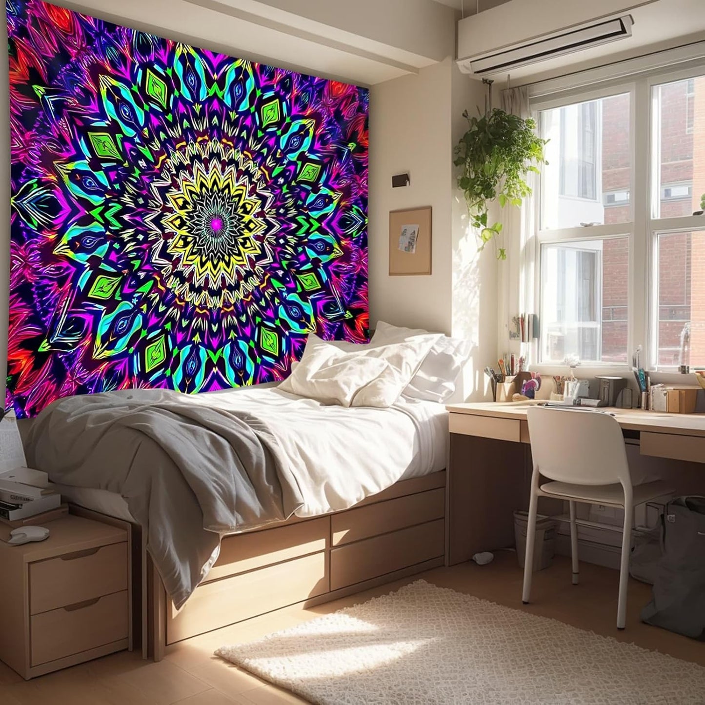 Blacklight Mandala Tapestry for Bedroom, Large Black Light Posters for Adults and Teens, Colorful UV Reactive Aesthetic Bohemian Wall Art Decor (80 x 60 Inches)