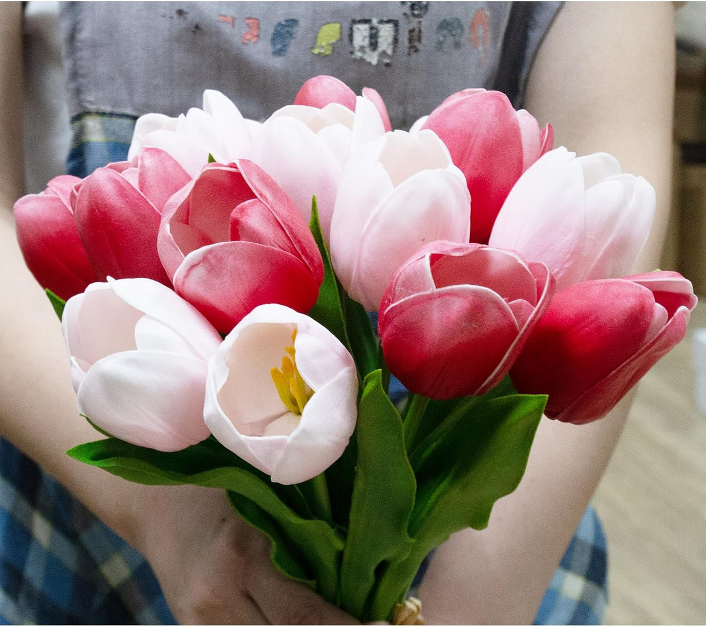Buart Artificial Tulip in Bulk for Home Kitchen Wedding Bridal Bouquet,Fake Flowers for Valentine's Day Mother's Day Easter Table Centerpieces Decorations(Large Size,Multi Pink,Real-Touch,12pcs)