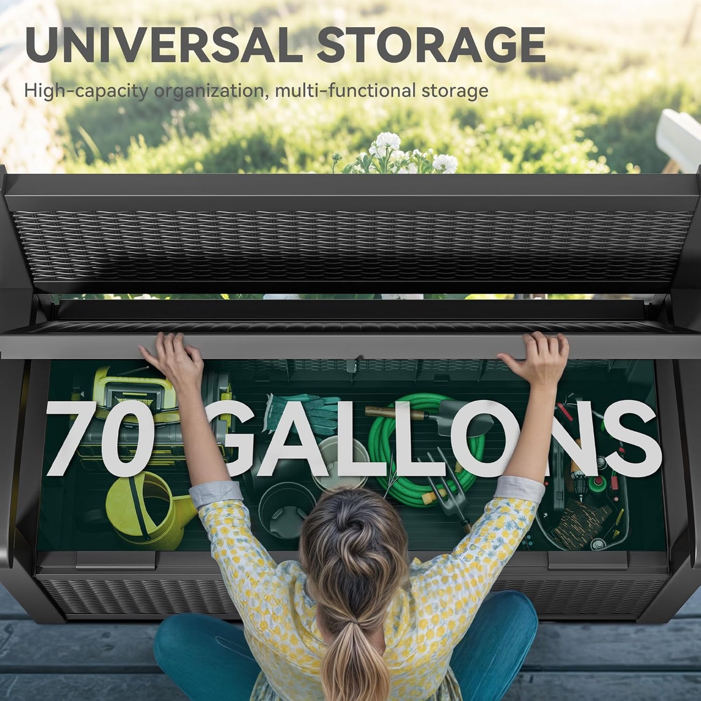 YITAHOME 70 Gallon Storage Bench Deck Box, Lockable Patio Bench, Waterproof Outdoor Pool Deck Storage for Patio Cushions, Garden Tools and Pool Supplies, Black