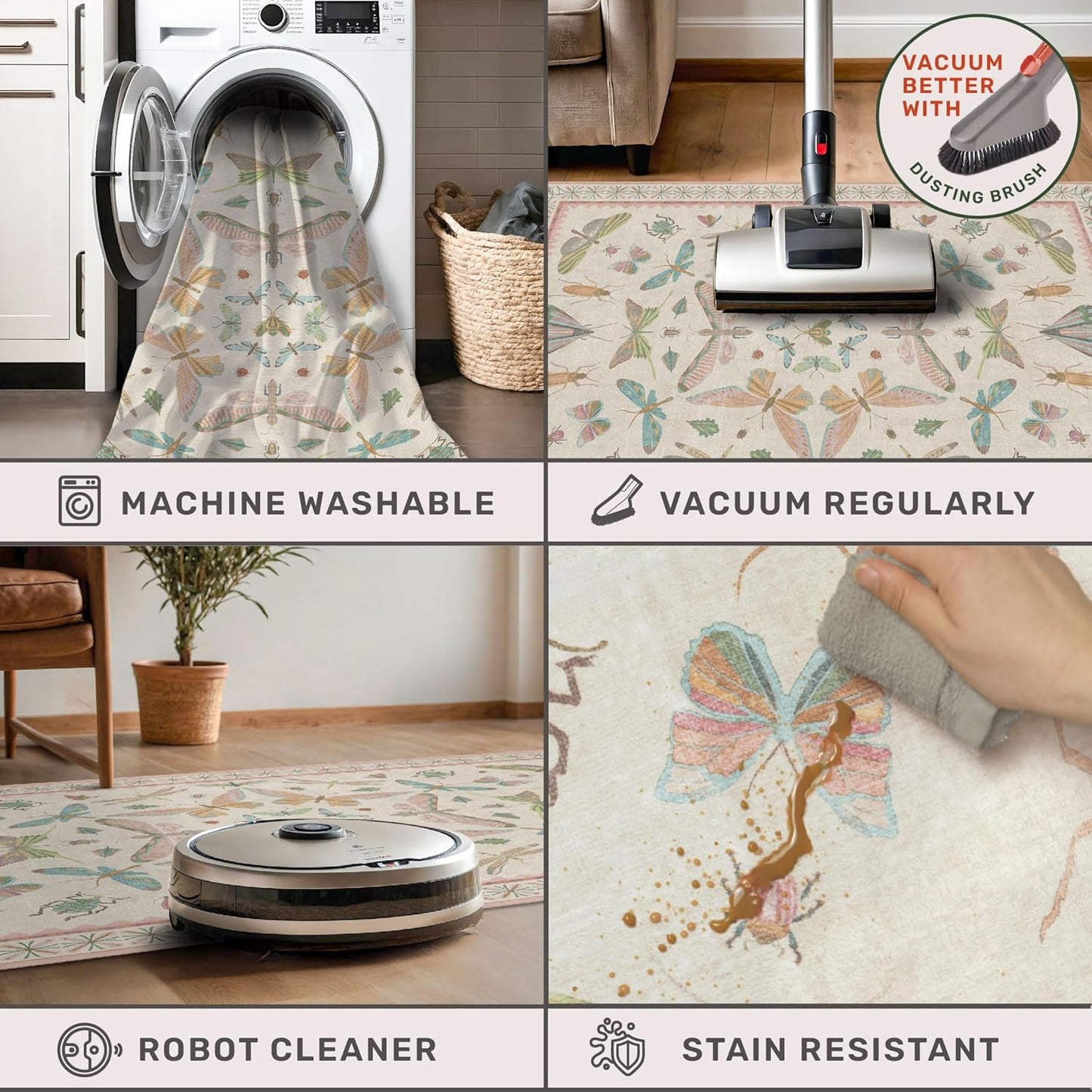 Cute Rugs for Bedroom Girls - Pink Living Room Rugs 8X10, Dining Room Table, Washable Pastel Flower Insect Print Whimsical Décor