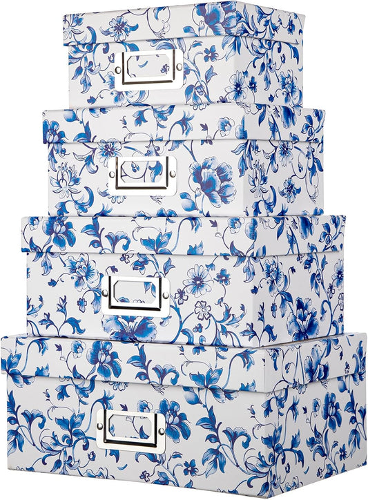 Briful Decorative Photo Storage Boxes with Lids, Set of 4 – Blue and White Porcelain Pattern, Nested Card Storage Box Organizer, Decorative Paperboard Box for Closet, Office, Gifts,Cosmetic,Books