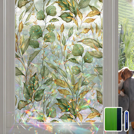Rainbow Window Privacy Film with Tools, 3D Stained Glass Window Film, Spring & Autumn Leaves, 16.93" x 118.11"(43X300CM)