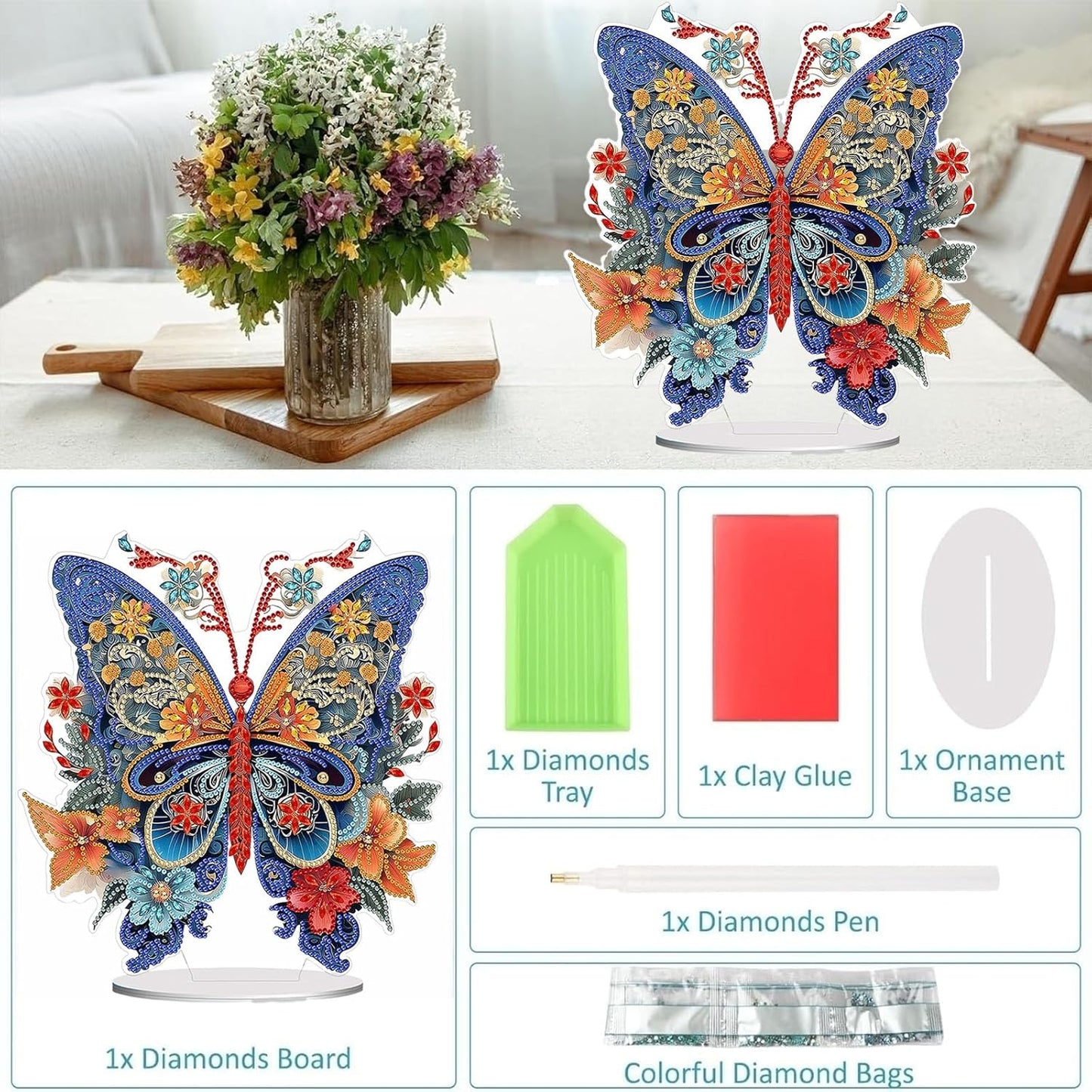 Diamond Painting Kits for Adults Beginners, 5D Full Drill Flowers and Butterfly Crystal Art Desktop Ornament, DIY Single Sided Home Office Desk Decor, Creative Craft Gift Set with Tools