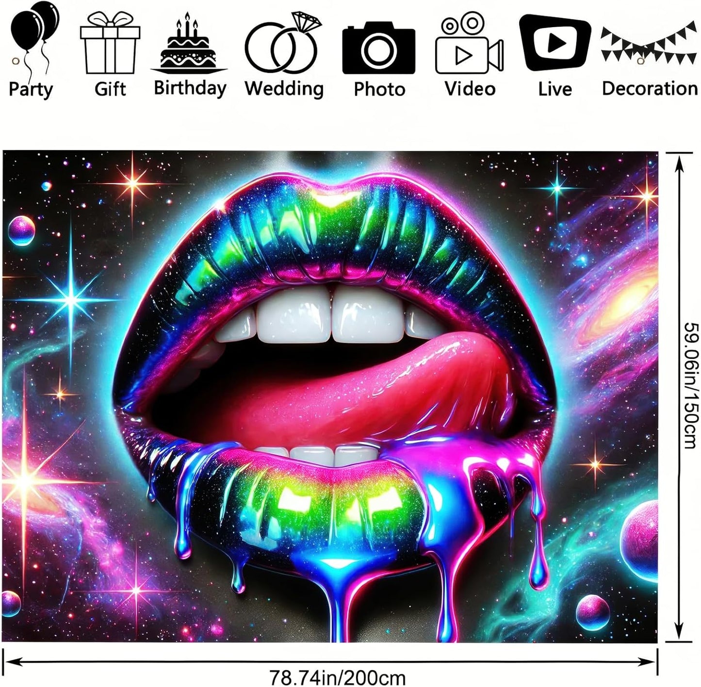 BlissYard Blacklight Tapestry UV Reactive Tapestry Wall Hanging 78x59 Inches Cosmic Rainbow Lips Wall Hanging, Fluorescent Art Decoration for Bedroom, Living Room, and Parties