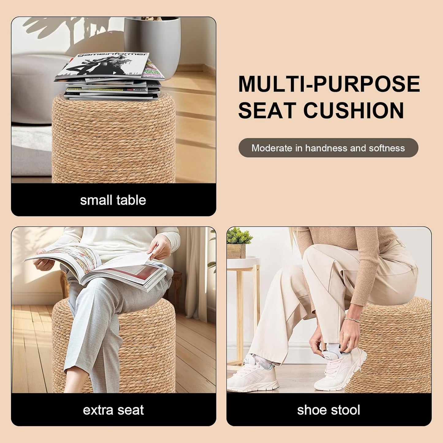 16'' Round Ottoman Natural Seagrass Braided Poof Hand Weaving Round Ottomans Boho Footrest Stool for Home Living Room Bedroom Patio(Natural)