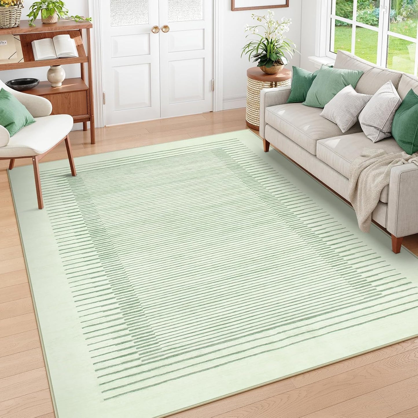 Wonnitar Striped Sage Green 9x12 Rugs for Living Room, Non-Slip Soft Sage Green Bedroom Rug, Low Pile Minimalist Floor Carpet for Nursery Playroom Department (Green,9' x 12')