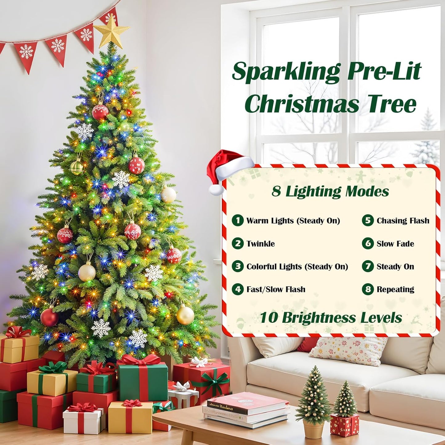 6.5FT Pre-Lit Christmas Tree with Remote Control, Multi-Color LED Lights, Musical Rotating Christmas Tree Stand, Easy Assembly in 3 Sections, Foldable Metal Stand for Home Holiday Decor