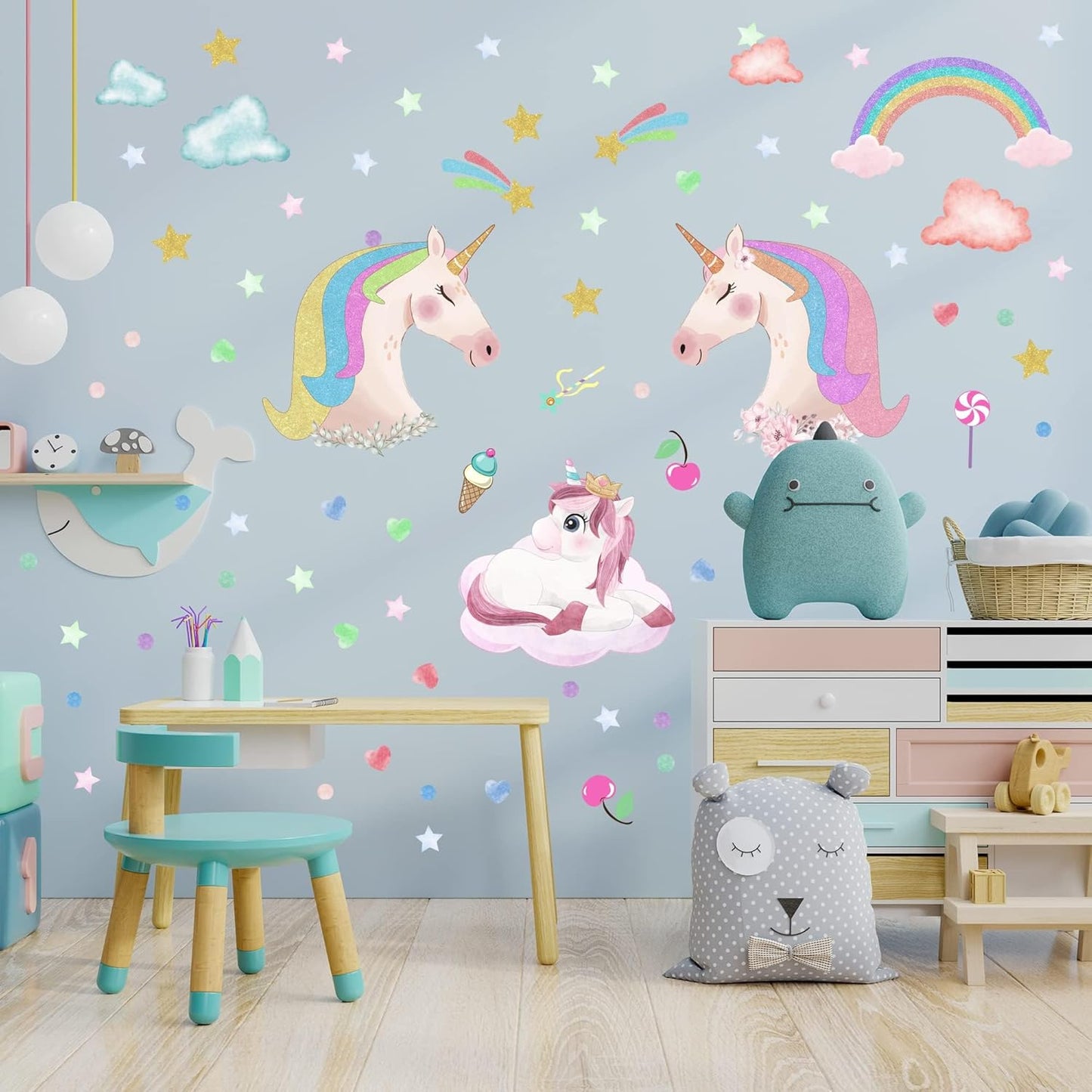 Glow in The Dark Unicorn Wall Stickers Decals, Removable Dots Stars Decals for Ceiling, Luminous Rainbow Wall Decal for Nursery, Room Decor Boys Girls Bedroom Playroom