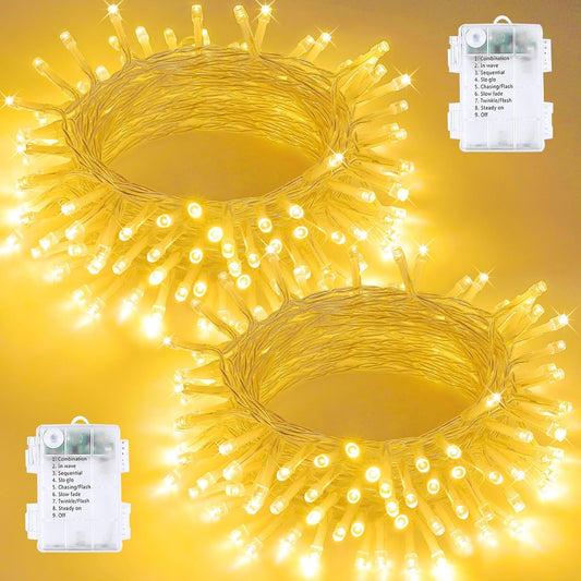 2 Pack String Lights Battery Operated with Timer, 33FT 100 LED Waterproof Battery Twinkle Lights, 8 Modes Fairy Light for Indoor & Outdoor Party Bedroom Garland Tree Christmas Decorations (Warm White)