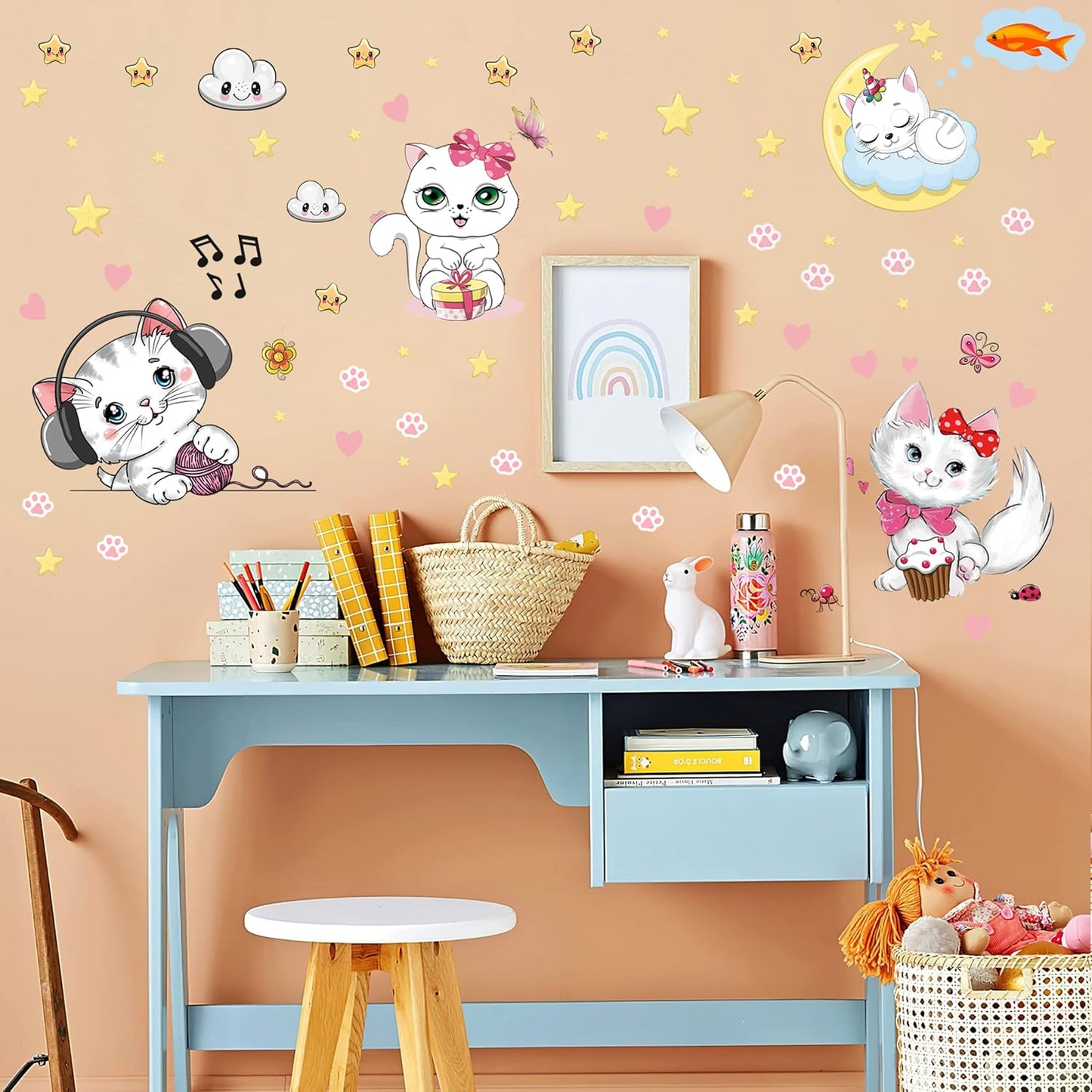 Glow in The Dark Stars for Girl's Room, Glowing Cats Cartoon Wall/Ceiling Decals, Kitten Butterflies Stickers for Kids Bedroom, Luminous Wall Decor for Nursery (Blue)