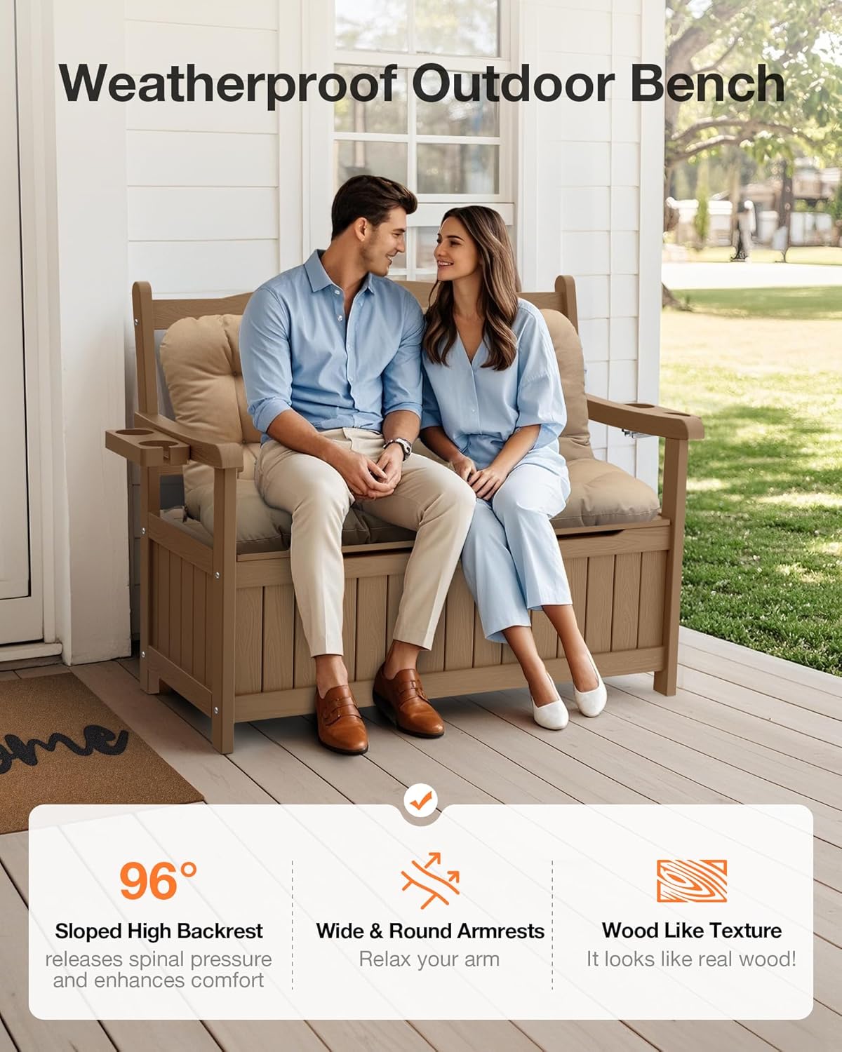 YEFU Outdoor Storage Bench for Patio: Heavy Duty Garden Bench with 96° High Backrest & Oversized Seating - HIPS Weatherproof Patio Bench with Storage for Porch Park Backyard, Teak