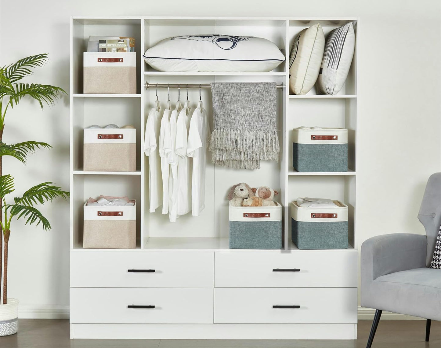 DECOMOMO Storage Bins Fabric Storage Baskets for Shelves, Linen Closet Organization Toys Nursery (Green and White, Large - 4 Pack)