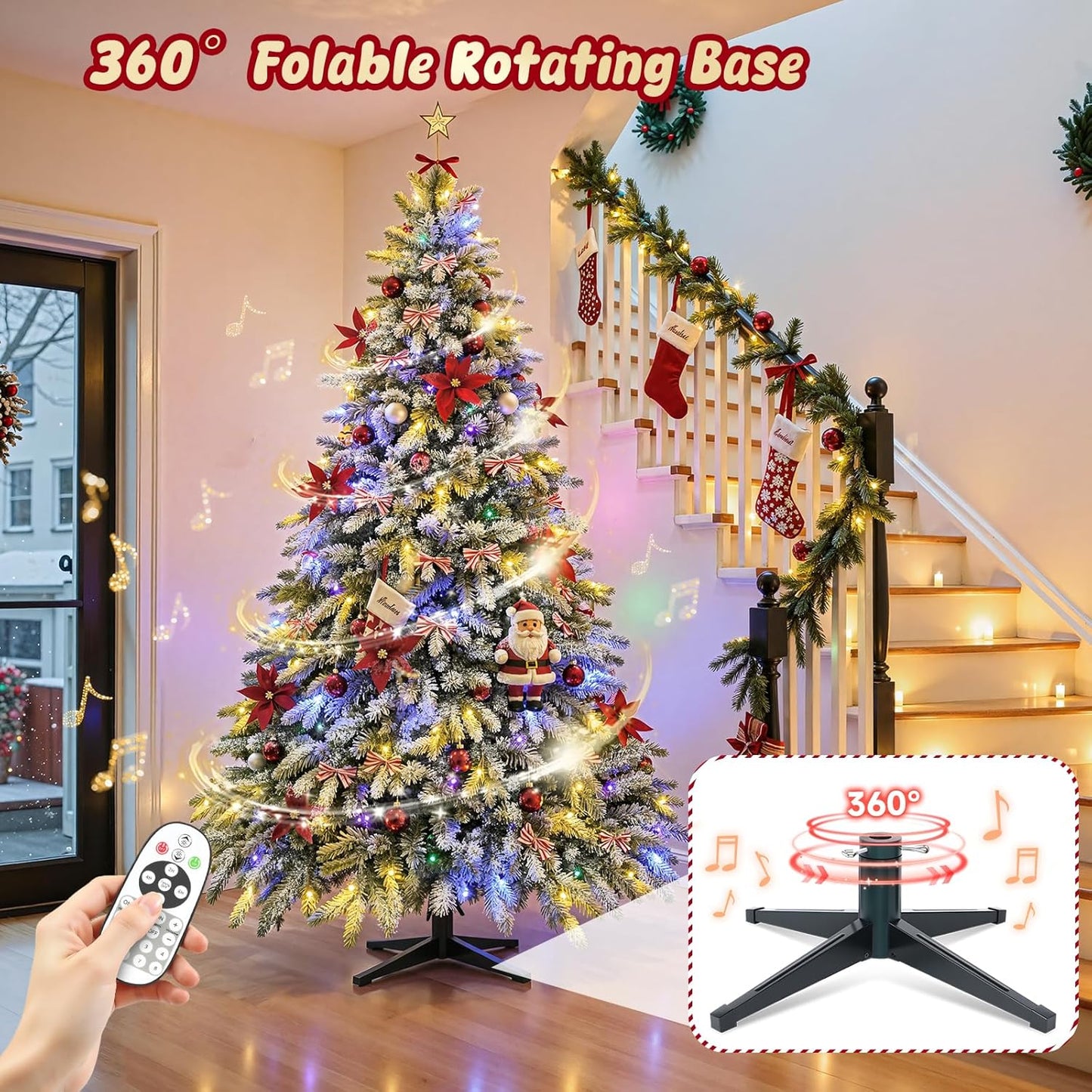 7.5ft Pre-lit Artificial Christmas Tree with Remote, Snow Flocked Xmas Trees Rotating & Foldable Stand, RGB & Warm White Light for Home Decor