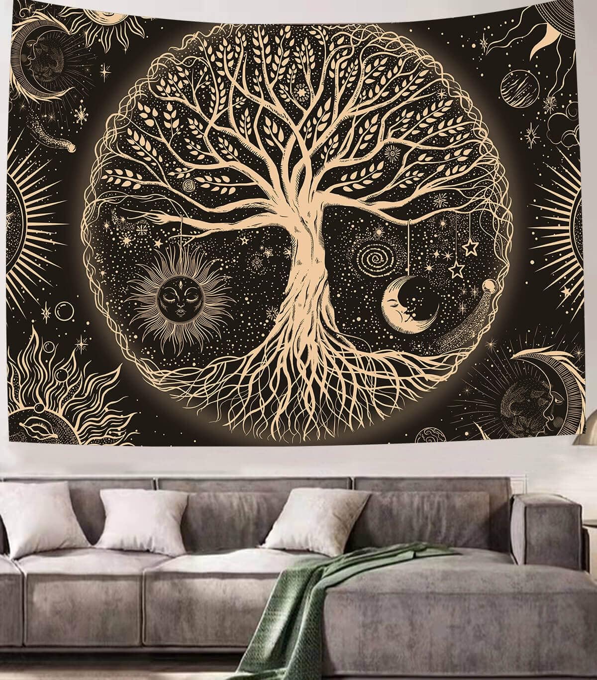 FORATER Tree of Life Tapestry Wall Hanging Sun Moon Stars Tapestries Aesthetic Galaxy Wall Tapestry Nature Home Decoration for Living Room Bedroom(53 x 61 Inch, Black and Gold)