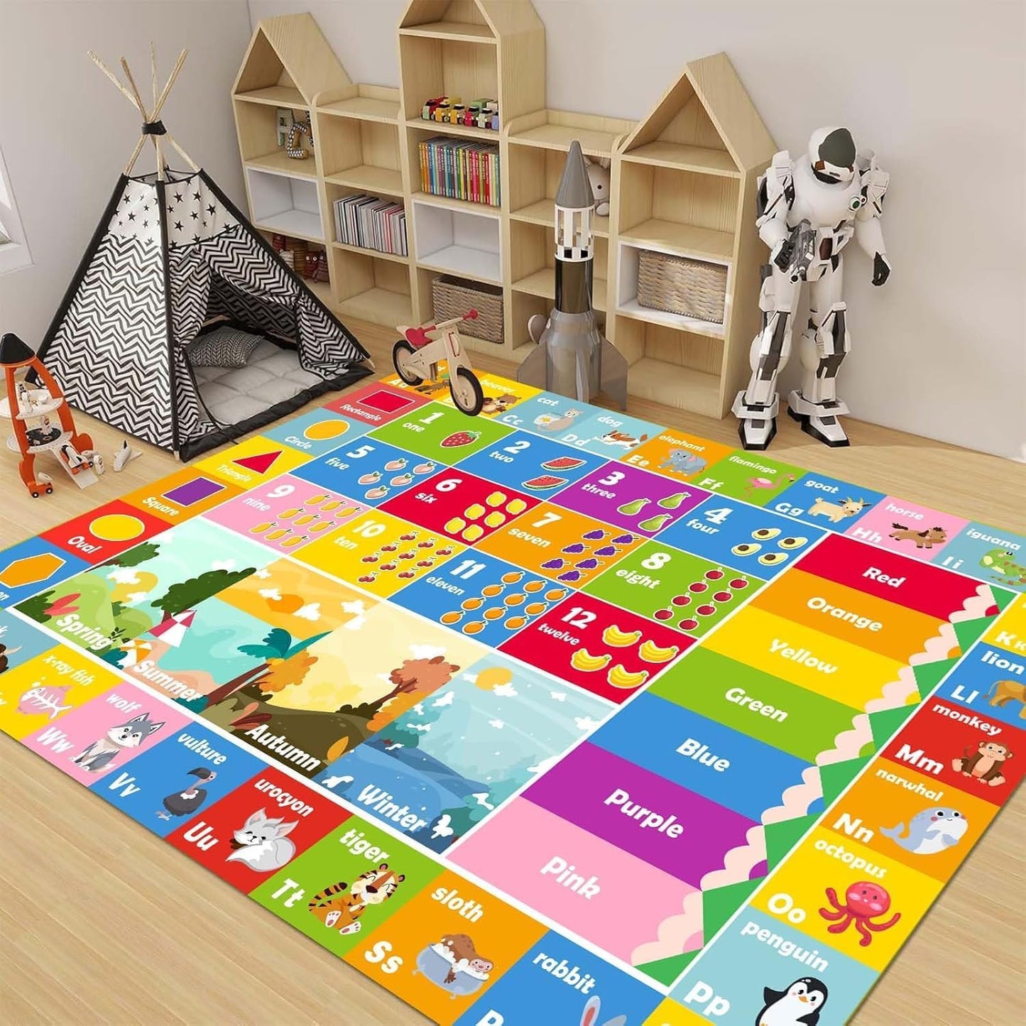 Kids Rug ABC Rug, Play Mat for Kids Playroom ABC Educational Area Rug for Playroom Classroom Elementary Preschool Rugs wtih Numbers Animals (6.6x9.8ft)
