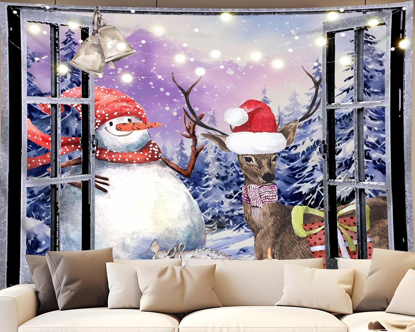 QGHOT Christmas Window Tapestry Wall Hanging Christmas Backdrop Winter Window Wall Decor Xmas Snowman Deer Tapestries for Bedroom Living Room Dorm Holiday Party Decoration, Extra Large