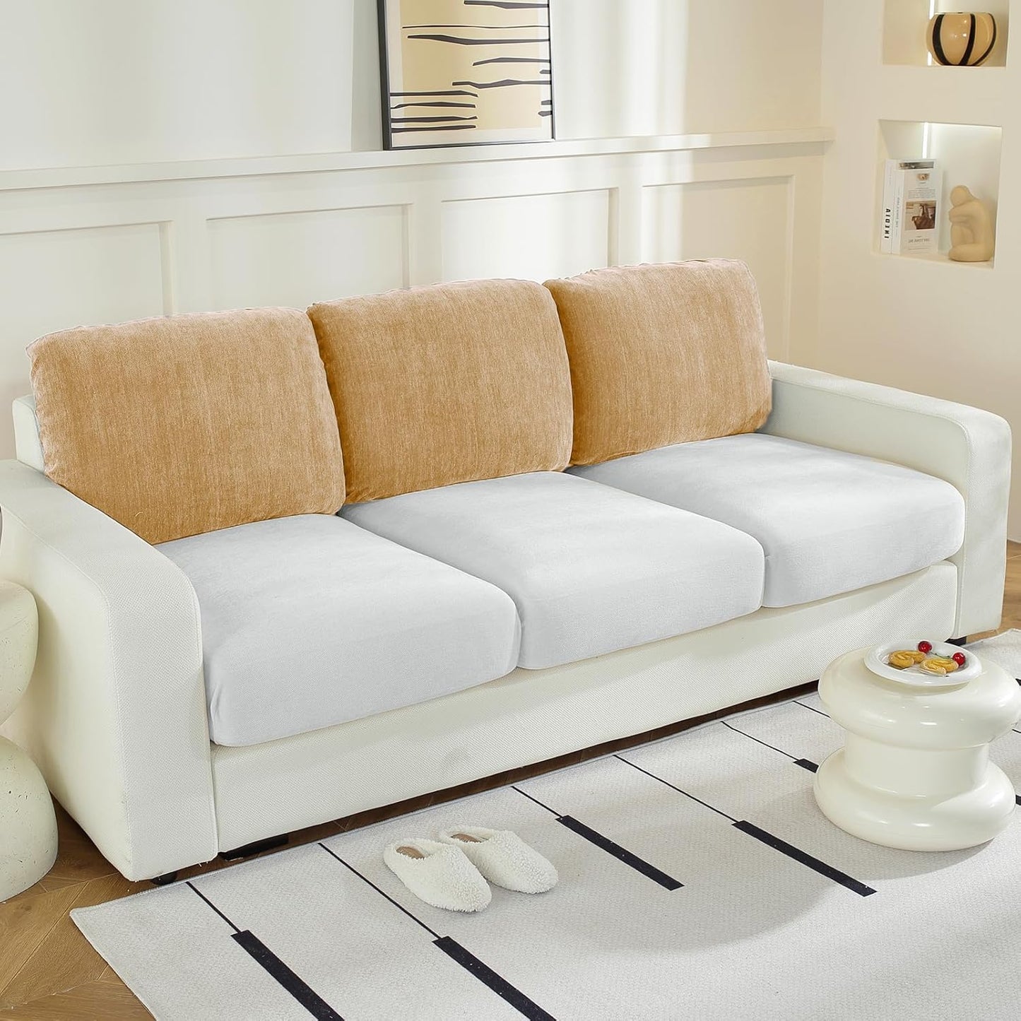 Large Backrest Cushion Covers Super Stretch Backrest Covers for 3 Cushion Couch Sofa, Couch Back Cushion Covers Featuring with Chenille Yarn (Softer Version, 3PC, Khaki)