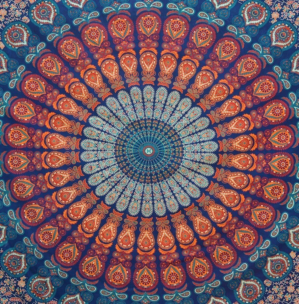 Bless International Handmade Indian hippie Bohemian Psychedelic Peacock Mandala Wall hanging College Dorm Beach Throws Table Cloth Bedding Tapestry (Golden Blue, Twin(54x72Inches)(140x185cms))