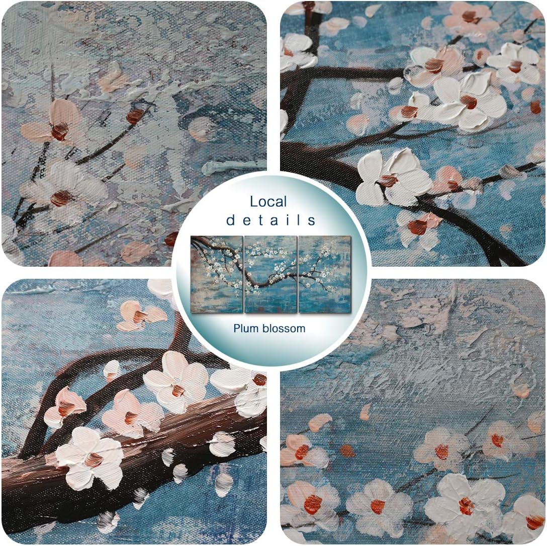 amatop Wall Art for Living Room 100% Hand-Painted Flower Oil Painting On Canvas Gallery Wrapped Large Framed Floral Plum Blossom Tree Teal Blue Artwork for Home Bedroom Decor 48"x24"