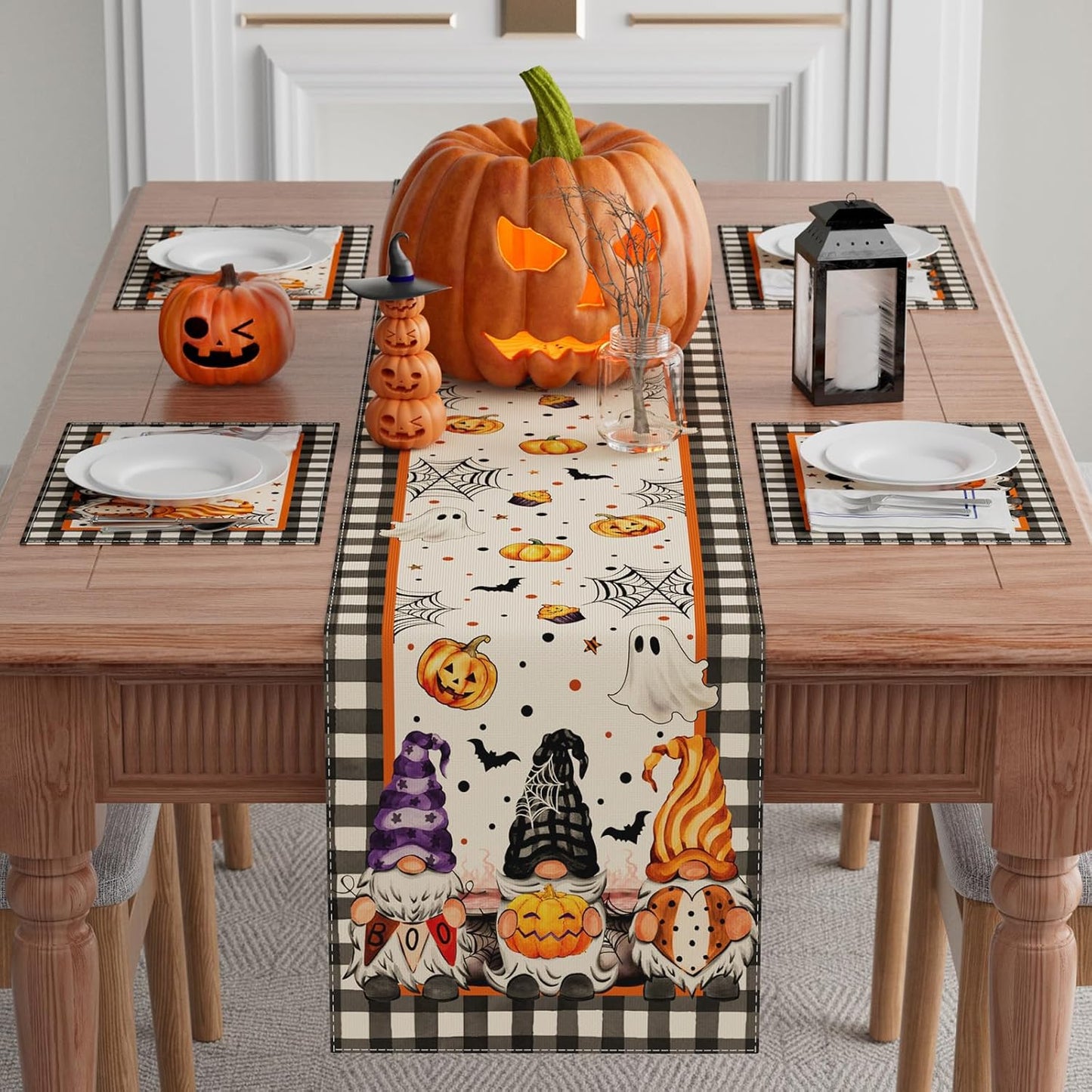 XCHI Spooky Boo Plaid Gnome Halloween Table Runner Party Table Decoration for Home Kitchen Dining Holiday Decor 13x48 Inch