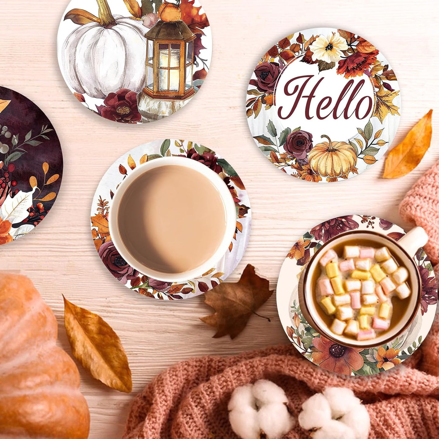 Hello Fall Drink Coasters with Holder Set of 6, Autumn White Pumpkin Floral Absorbent Ceramic Cup Mat for Coffee Table Protection, 4 Inches Vintage Flower Home Kitchen Decor Housewarming Gifts