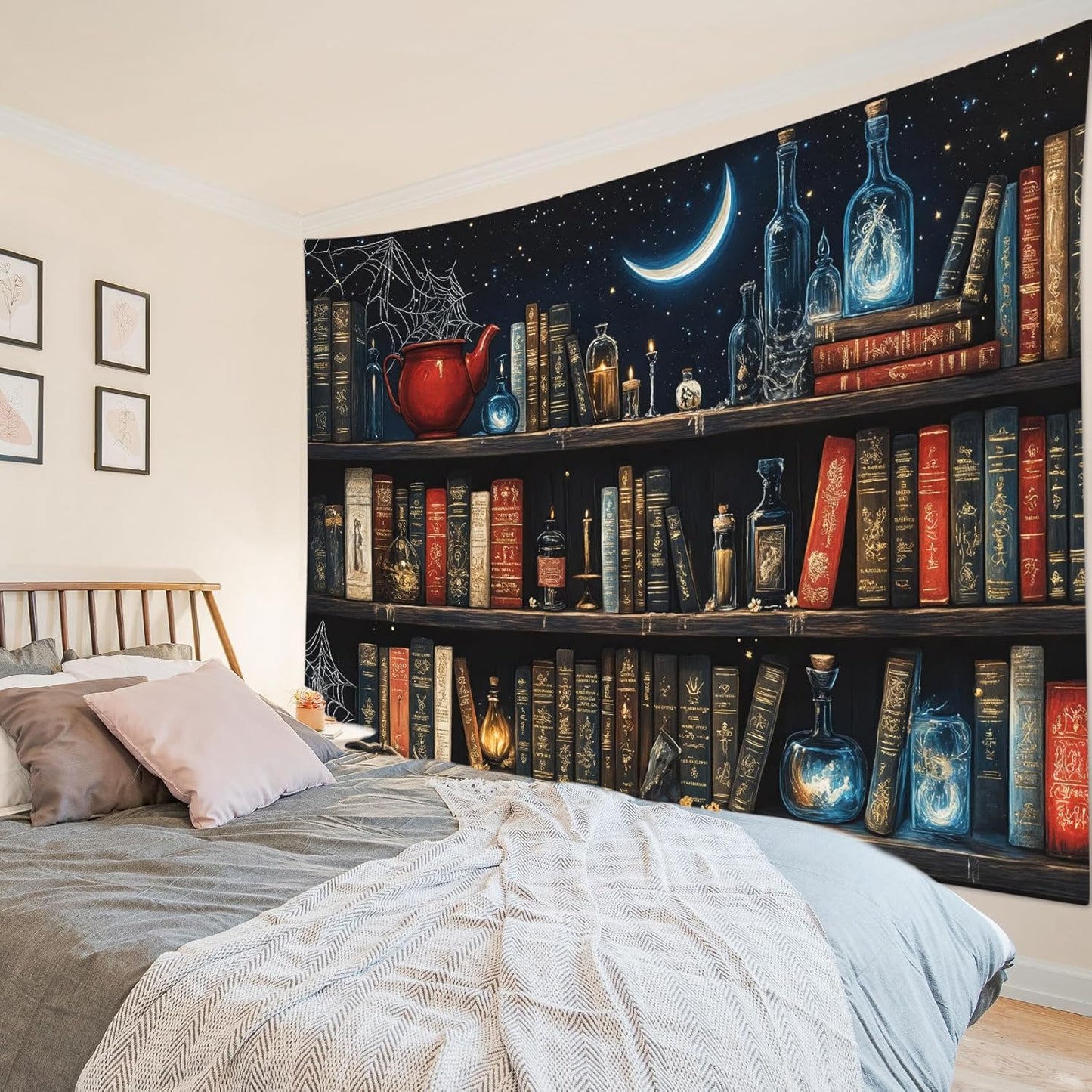LB Fantasy Bookshelf Tapestry, Horror Spider and Vintage Book with Moon Wall Tapestry for Bedroom Aesthetic, Trippy Galaxy Wall Art for Living Room Dorm Home Decor Ready to Hanging, 48 x 36 Inches