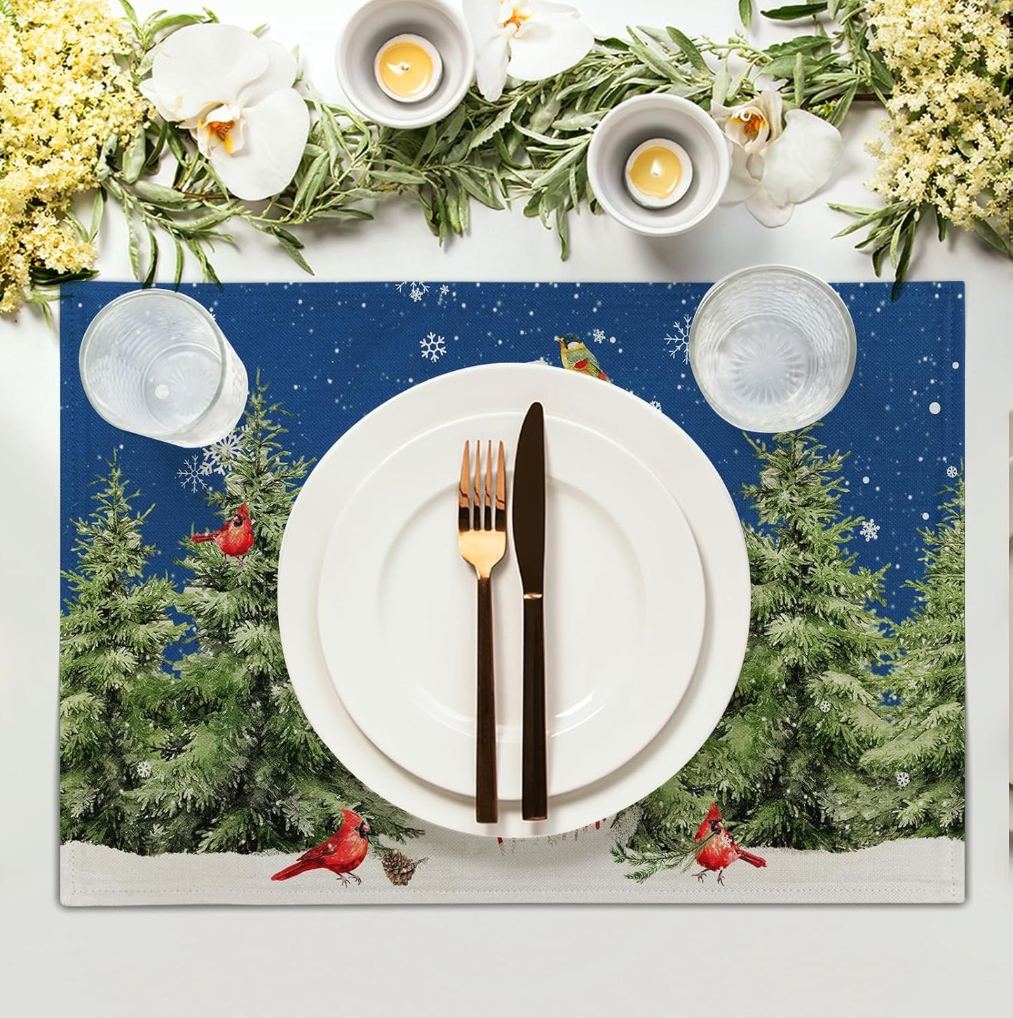 Blue Snowman Christmas Placemats Set of 4 Xmas Tree Cardinal Snowflakes Linen Table Mats Seasonal Winter Holiday Place Mats Washable Placemat for Party Kitchen Dining Outdoor Indoor Decor