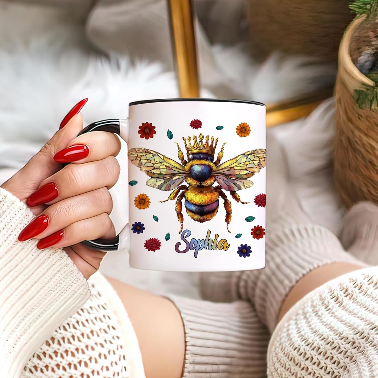 Hyturtle Personalized Floral Bee Mug - Bee Keeper Gifts For Women Lovers Teacher - Honey Gifts For Beekeeper Farmer On Birthday - Queen Honeycomb Decor - Custom Coffee Cup Ceramic Mug 11 Oz 15 Oz