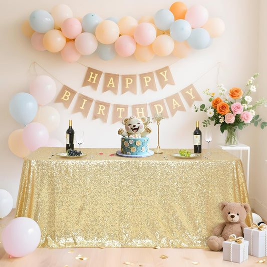 SquarePie Sequin Tablecloth 50 x 72 Inch Light Gold Glitter Table Cloth for Wedding Party Decoration