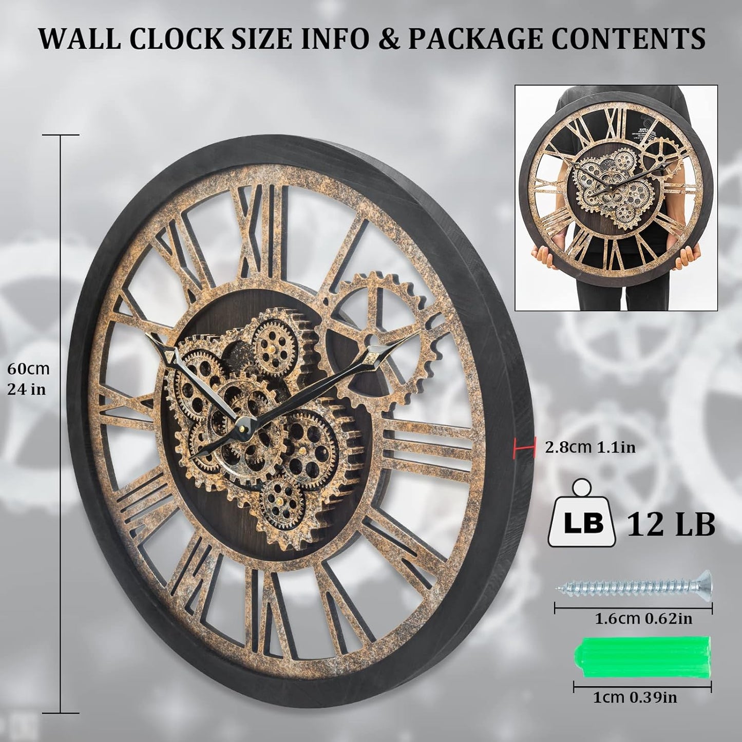 HOIBAI Large Wall Clock, 24 Inch Wall Clocks for Living Room Decor Farmhouse Vintage Rustic Kitchen Wall Decor Vintage Roman Big Oversized Wall Clock for Home Bedroom House Office, Moving Gears Clock