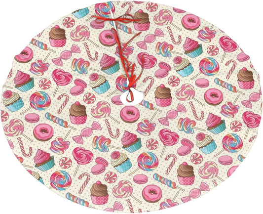 Christmas Tree Skirt,Sweet Lollipop Candy Macaroon Cupcake Donut Xmas Tree Skirt Rustic Farmhouse Tree Skirt for Christmas Decor Xmas Holiday Home Party Decorations36