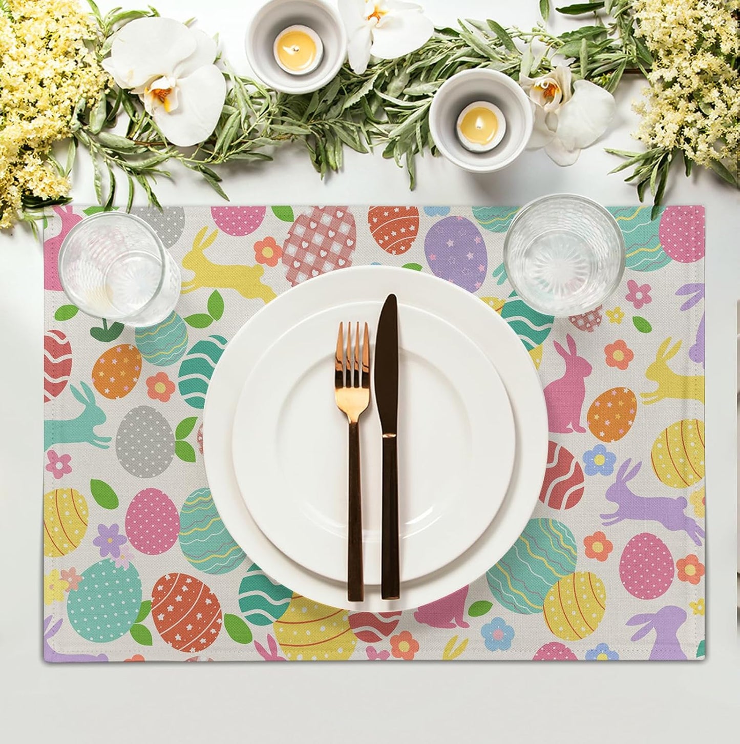 Easter Eggs Bunny Floral Placemats Set of 4 Watercolor Egg Floral Place Mat 12x18 Inch Seasonal Spring Colorful Washable Linen Table Mats for Party Kitchen Dining Outdoor Indoor Decor